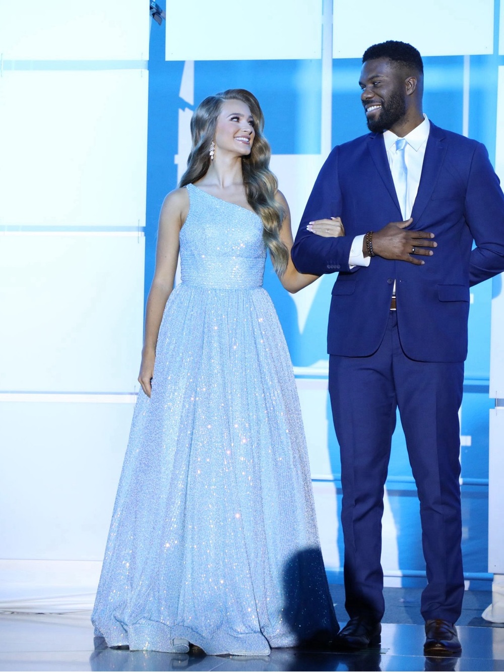 Sherri Hill Light Blue One-Shoulder Sparkle Prom Gown